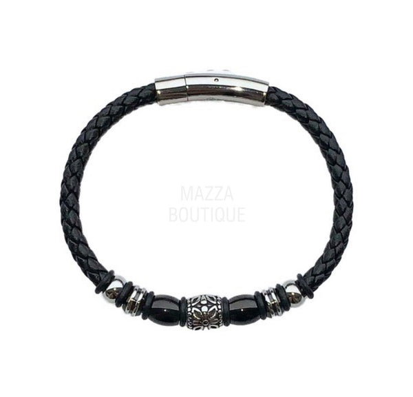 BLACK BEAD SILVER LEATHER bracelet