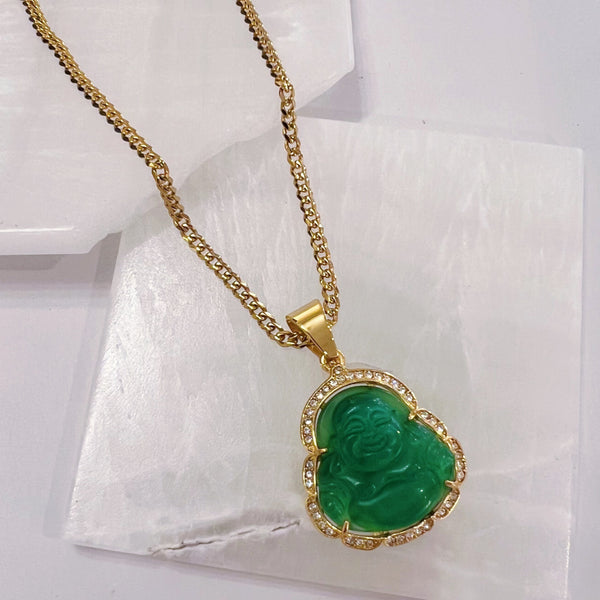 GREEN BUDDHA GOLD STEEL necklace