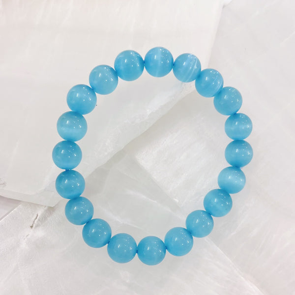 10MM AQUAMARINE BLUE CATS EYE BEADED bracelet