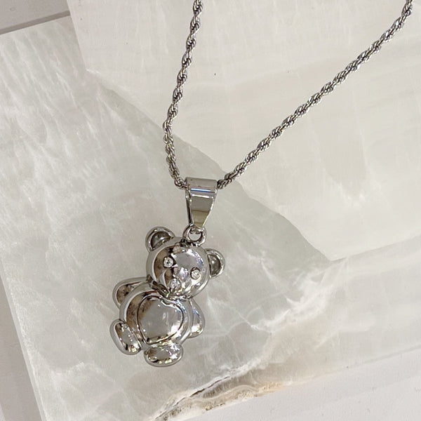 SILVER TEDDY HEART BEAR necklace