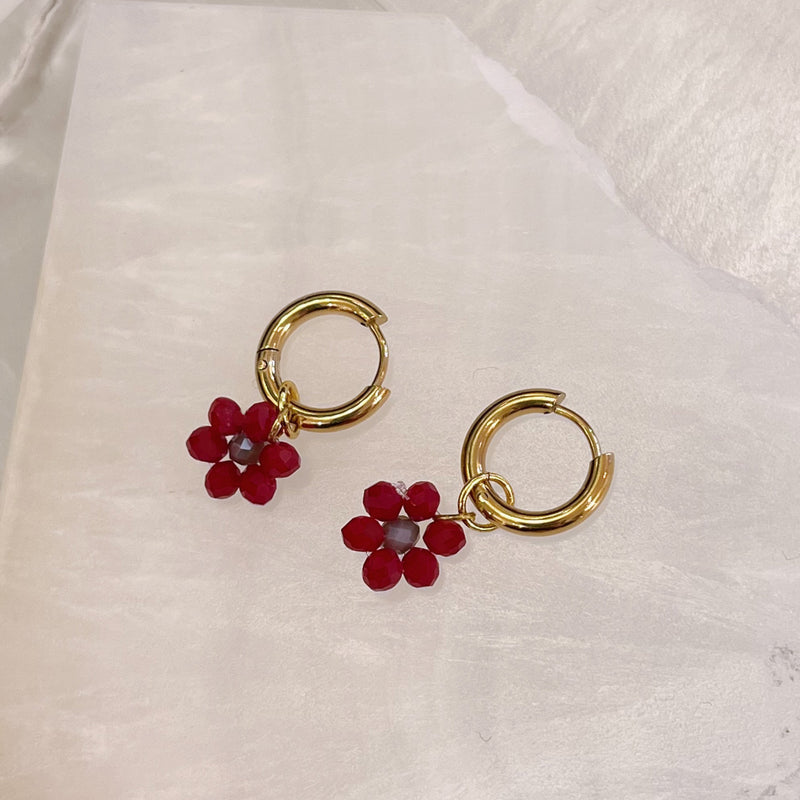 RED FLOWER DANGLE HOOP earrings
