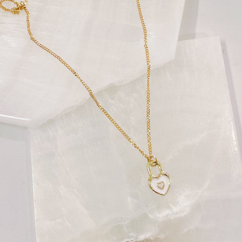 ENAMEL WHITE HEART LOCK SUPER MINI necklace