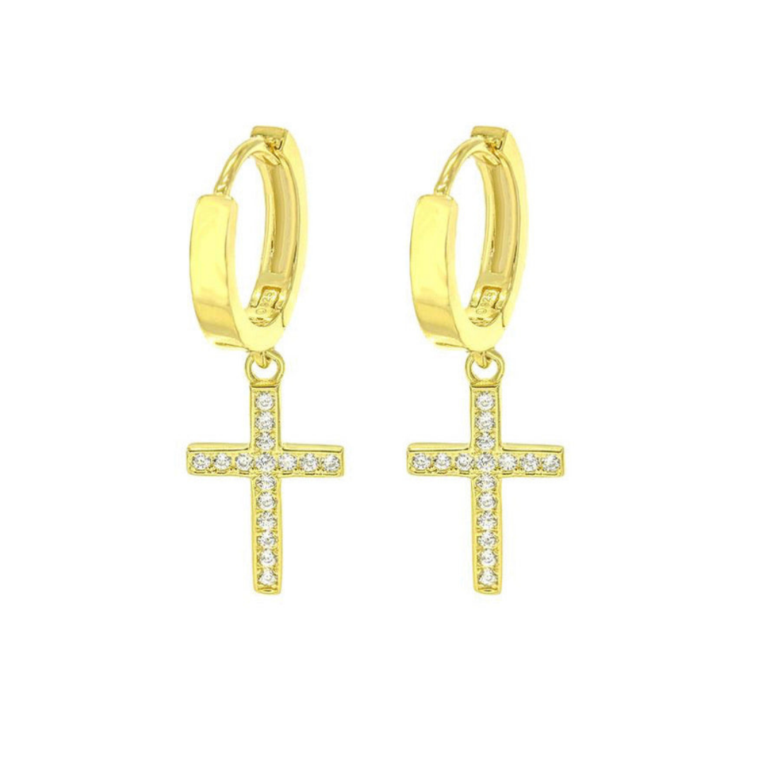 CRYSTAL CROSS HUGGIE HOOP earrings