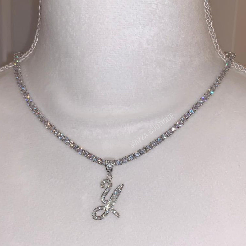 SILVER ICY INITIAL CURSIVE TENNIS necklace