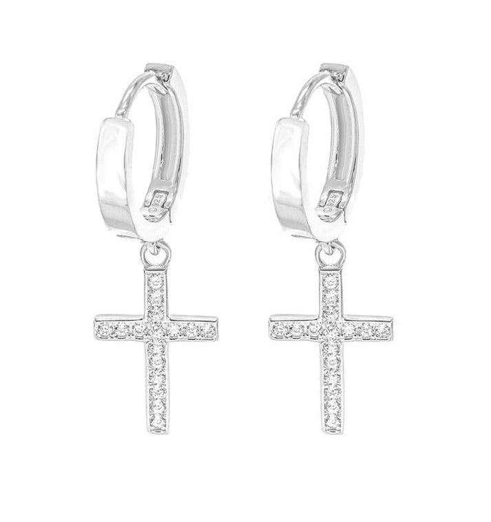 CRYSTAL CROSS HUGGIE HOOP earrings