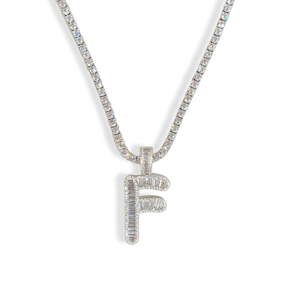 SILVER ICY INITIAL BAGUETTE TENNIS necklace