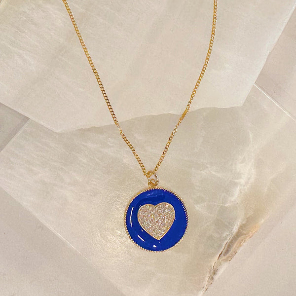 LARGE CIRCLE BLUE HEART necklace