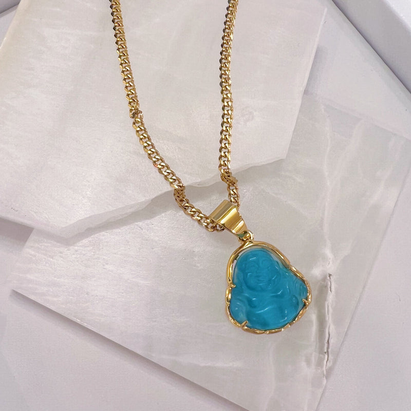 LIGHT BLUE BUDDHA MINI STEEL necklace