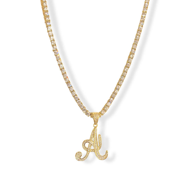 GOLD ICY INITIAL CURSIVE TENNIS necklace