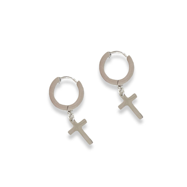 SILVER CROSS SUPER MINI HUGGIE HOOP earring