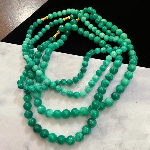 3-Row Natural Green Jade & Jasper Gemstone Beaded Necklace - 17-19 Inch, Silver Plated
