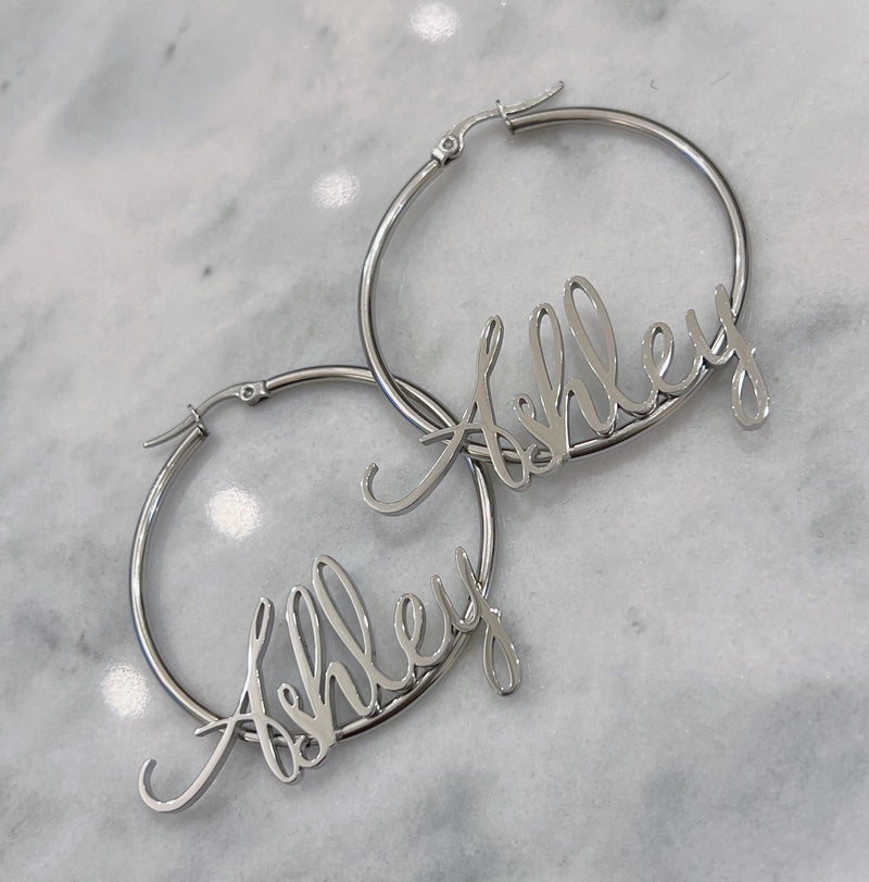 CUSTOM FINE SCRIPT NAMEPLATE HOOP earrings